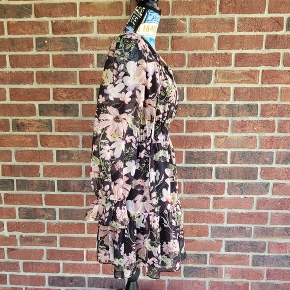 Lucy Paris Women's Size Small Black Longsleeve Garner Floral Dress with Ruffles - Picture 2 of 13